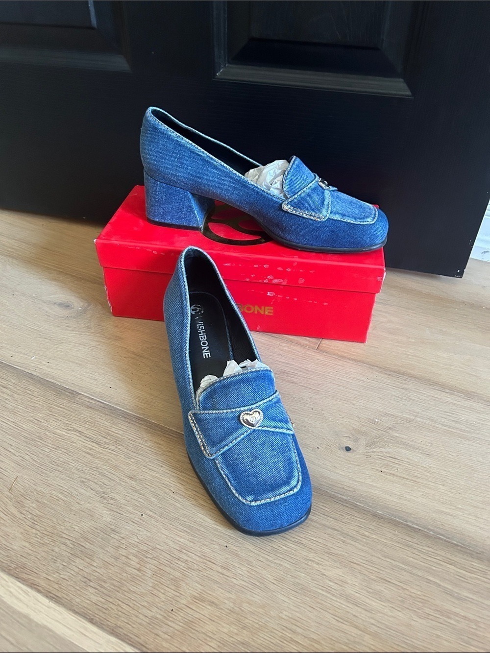 Wishbone Denim Block Heel Loafers